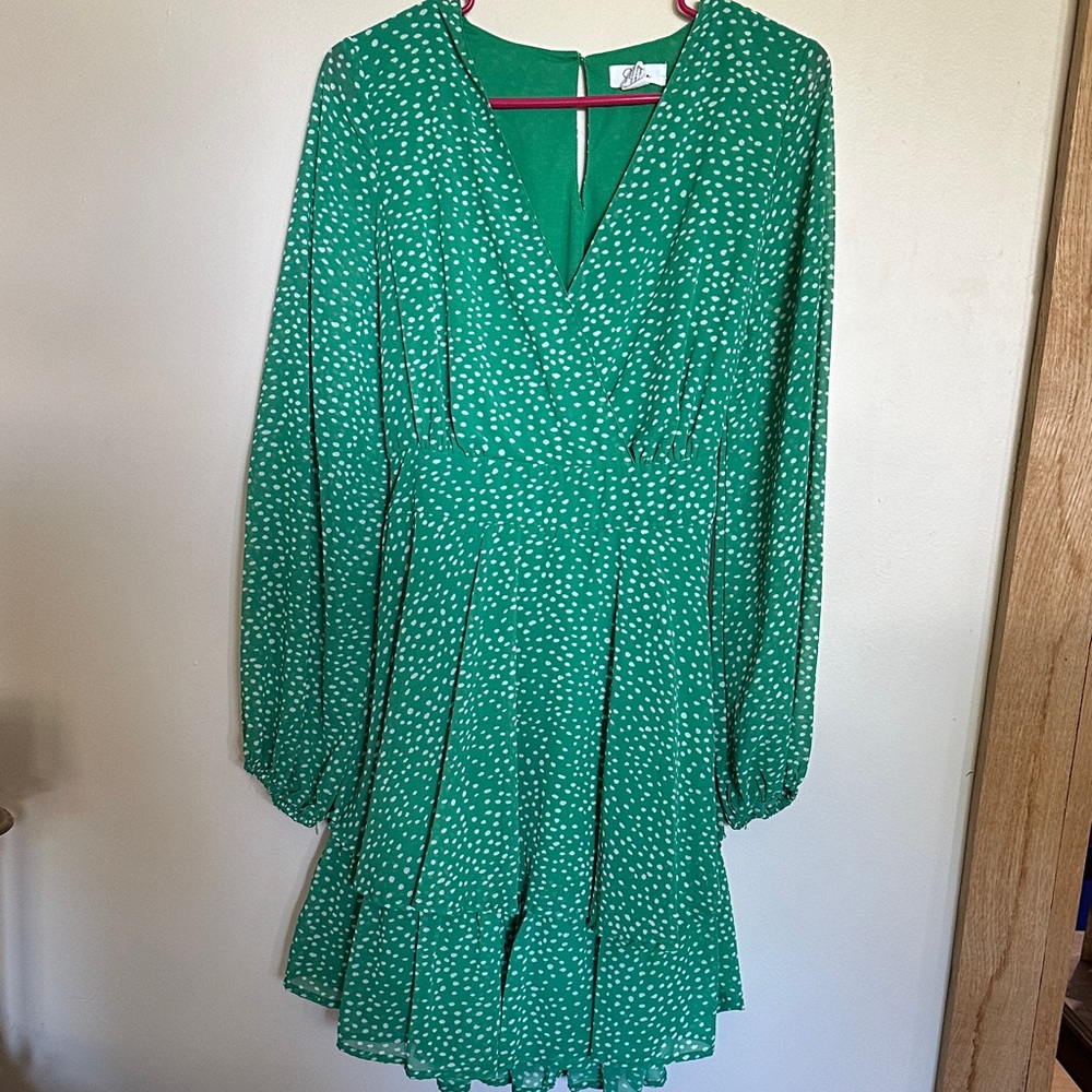 Japna Chiffon Polka Dot Ruffle Dress Tie Waist size L V-neck
